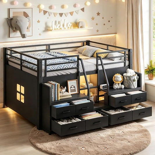 Bellemave Low Loft Bed Full Size with Storage Shelves & Fabric Drawers, Metal Full Loft Bed for Kids with LED Lights & Under-Bed Play Area, Low Loft Bed Frame for Bedroom, No Box Spring Needed, Black