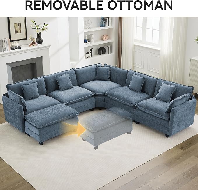 113'' V Shaped Cloud Sectional Sofa, Oversized Deep Seat Couches for Living Room, Chenille Comfy Upholstered Modular Sectional Sofa Couch,Blue