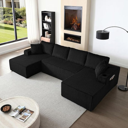 124" Modular Sectional Sleeper Sofa, Boneless Cloud Couch for Living Room, U Shaped 5 Seat Sofa with 2 Storage Pockets& 2 Cup Holders, Free Combination, No Assembly Required