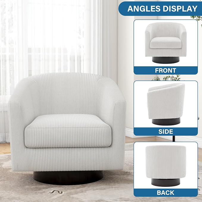Swivel Accent Chair, Upholstered Corduroy Barrel Chair for Living Room, Small Single Sofa Bedroom Reading Seat, Beige
