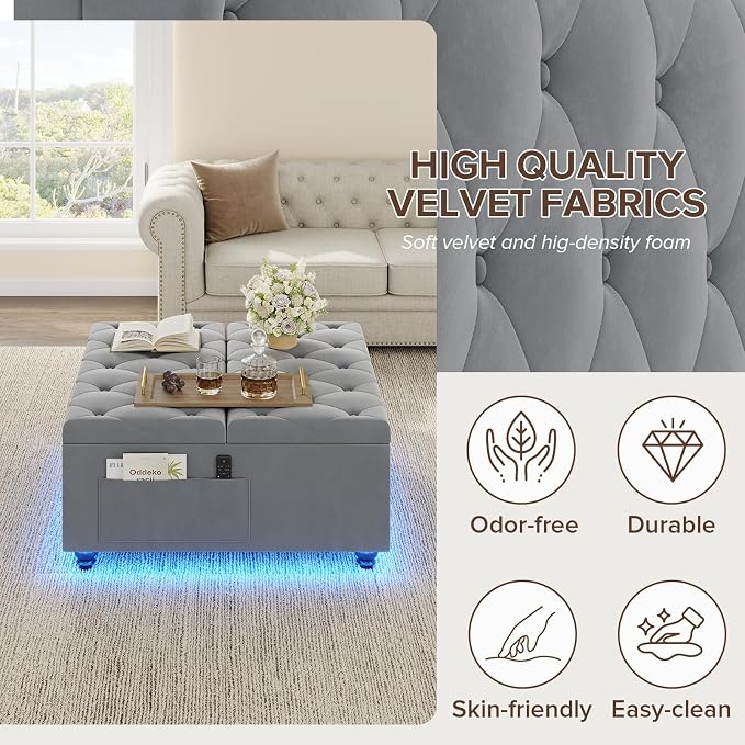 Dnxao Large Square Storage Ottoman with Lift Top,Tufted Velvet Ottoman Coffee Table with Charging Station and LED Lights,Multi-Functional Footrest with Storage Pockets & Tray for Living Room,Gray