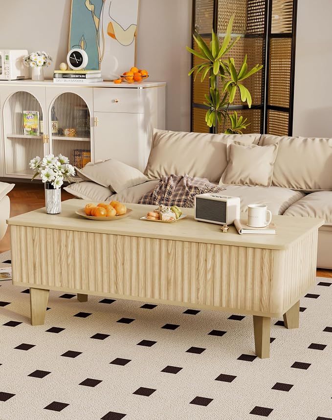 Rectangular Coffee Table with Lifting Top, Mid Century Modern Living Room Center Table, Wood Fluted Coffee Table for Home Office, Oak