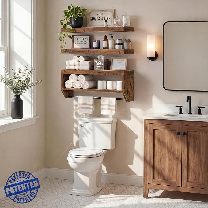 QEEIG Bathroom Floating Shelves for Wall - Shelf Over Toilet Paper Storage Farmhouse 24 inch Set of 3, Rustic Brown (028-60BN3)