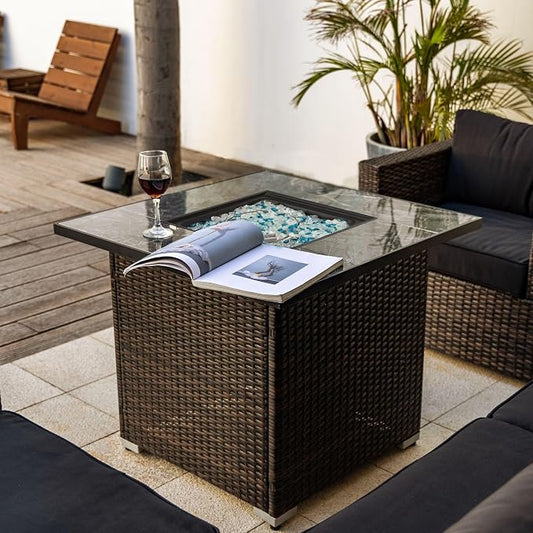 GDFStudio 30" Propane Gas Fire Pit Table, 50,000 BTU Square Outdoor Gas Firepit with Ceramic Tile Top, Wicker Base, Lid & Rain Cover for Patio Deck Backyard Garden, Brown