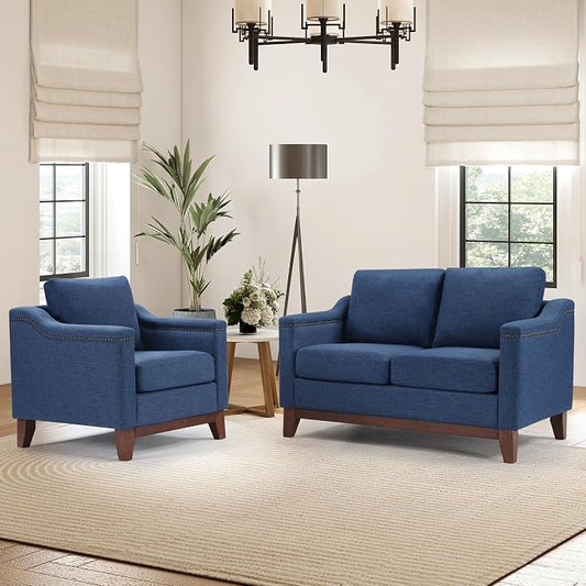 HAOMARKETS Modern 2 Piece Sofa Set with Rivets, Included Fabric Accent Chair and Upholstered Loveseat 2-Seater Couch with Solid Wood Legs, Living Room Furniture Set,Blue