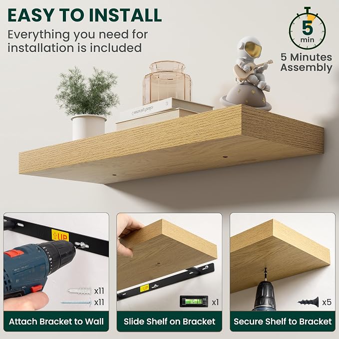 Floating Shelves for Wall, 32 Inch x 8 Inch Deep Wall Mounted Wood Shelf with Invisible Brackets for Storage & Display, Living Room Bedroom Kitchen, Oak, Set of 2