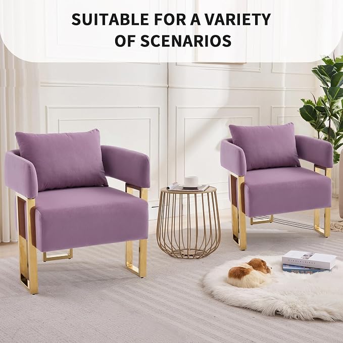 YISHENG Modern Barrel Accent Chairs Set of 2, Living Room Side Chairs with Golden Metal Legs Velvet Upholstered Reading Armchairs no Wheels for Vanity/Reception Room//Bedroom/Lounge/Office, Purple
