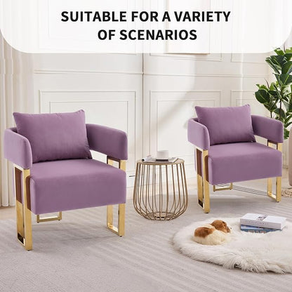 YISHENG Modern Barrel Accent Chairs Set of 2, Living Room Side Chairs with Golden Metal Legs Velvet Upholstered Reading Armchairs no Wheels for Vanity/Reception Room//Bedroom/Lounge/Office, Purple