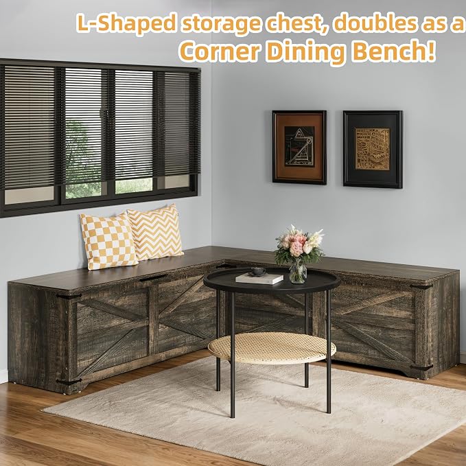 DWVO L-Shaped Storage Bench, 18" High Corner Dining Bench with Safety Hinges, Wooden Nook Chest for Living Room, Bedroom | Safety Hinges, Wooden Nook Chest for Living Room, Bedroom
