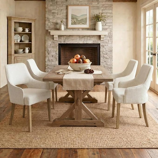 Linen Upholstered Dining Chairs Set of 4 with Arms | Cream Linen Fabric, Breathable Upholstery, Curved Backrest, Cushioned Seat, Solid Wood Legs, Farmhouse Style For Dining Room