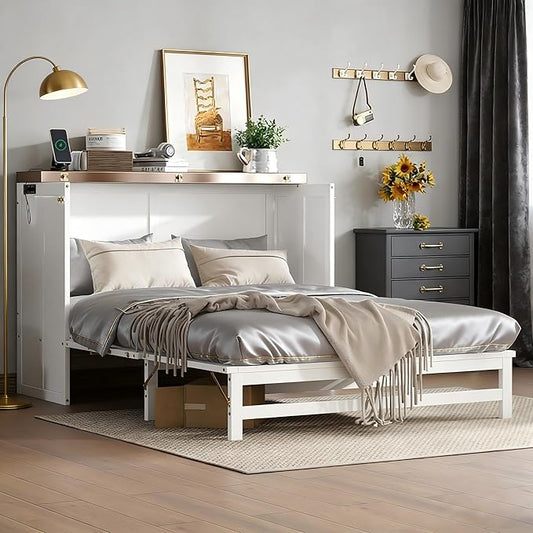 PVWIIK Full Murphy Bed with Storage Drawer,Solid Pine Murphy Foldable Bedframe for Home Office, Studio or Guest Room,Multi-Functional Cabinet Bed Frame,White-Walnut