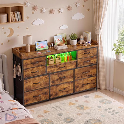 Bepatio LED Dresser for Bedroom with 11 Drawers,Power Strip,4 Hooks,Brown | Stylish Dressers & Chests of Drawers with 2 Wood Storage Shelves, TV Stand for 50/55/60 Inch TVs, Sturdy Metal Frame
