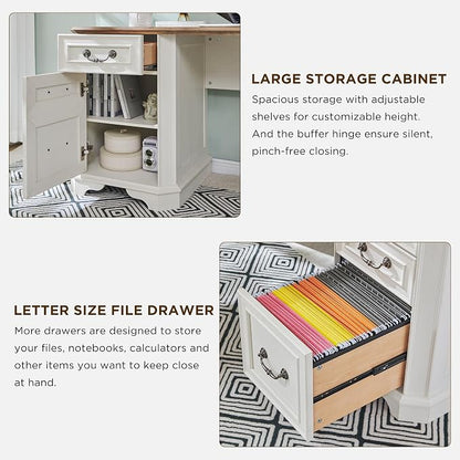 T4TREAM 59" L Shaped Desk with Hutch,Victorian Wood Computer Desk, Featuring Charging Station,File Drawer, Storage Cabinet,for Home Office Work and Study (Antique White)