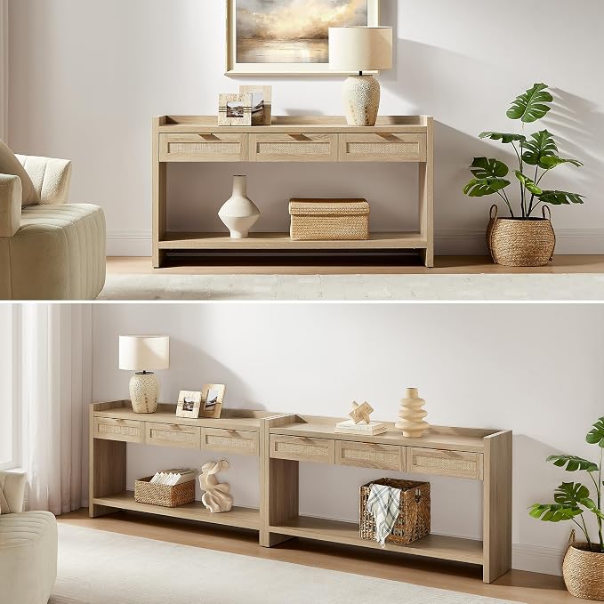 SICOTAS Rattan Console Table for Entryway - Large Boho TV Console Table Entry Table with 3 Storage Drawers, 60" Long Sofa Table Behind Couch for Living Room, Hallway, Foyer
