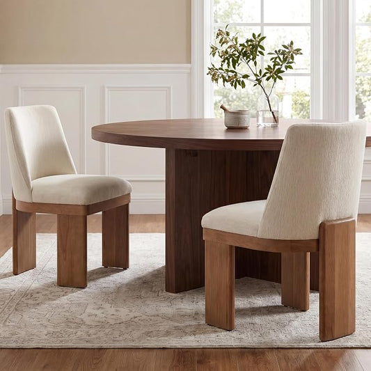 RIVOVA Upholstered Dining Chairs Set of 2, Modern Wooden Dining Room Chair Linen Fabric Kitchen Chairs Farmhouse Dinner Chair, White