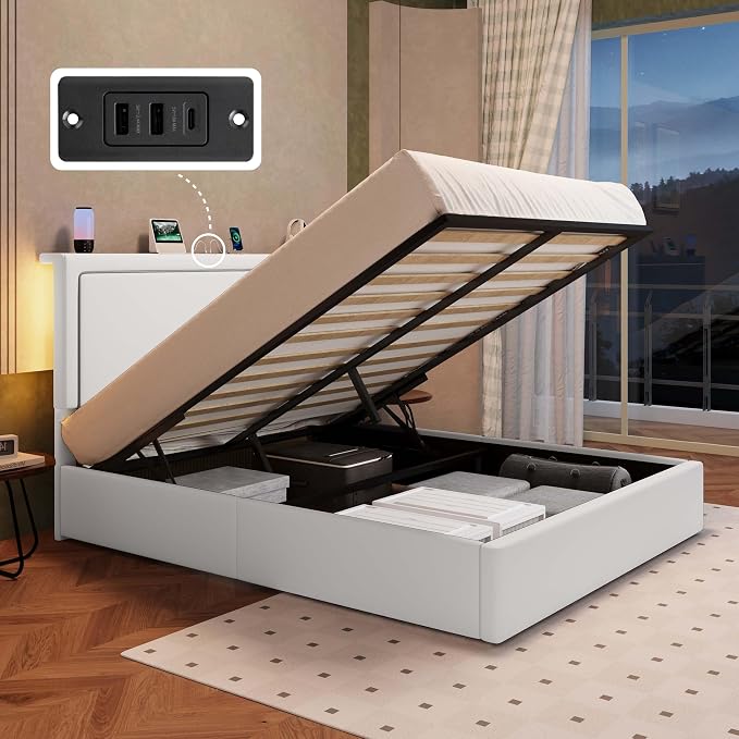 Allewie Full Size Lift Up Storage Bed Frame with Charging Station & LED Lights, Adjustable Velvet Upholstered Storage Headboard, Type-C & USB Ports, Hydraulic Support, No Box Spring Needed, White