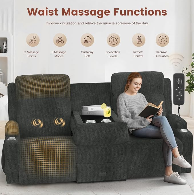 Loveseat Recliner, 3 Seater Massage Reclining Sofa Sets Fabric Recliner Sofa, RV Loveseat Couch Clearance with Drop Down Table, Storage, Cup Holders, Wall Hugger Reclining Couch for Living Room
