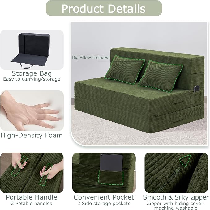Folding Sofa Bed, 4 in 1 Convertible Sleeper Chair with Pillow, Twin Memory Foam Fold Out Chair Bed, Modern Floor Futon Sofa Couch Mattress for Living Room/Guest/Apartment, Green