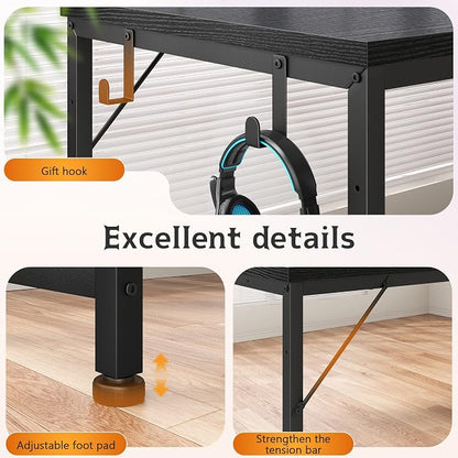 56 Inch Gaming Desk with Printer Shelf and LED Lights,Reversible Computer Desk with Drawers and Power Outlets,Study Table with Hooks for Headphone,Bags,Gamer Desk Work Desk for Teen Bedroom,Dorm