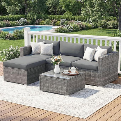 Wisteria Lane Outdoor Patio Furniture Set, All Weather Wicker Rattan Sectional Sofa, Patio Conversation Set with Cushions & Glass Coffee Table for Backyard Porch Garden Balcony, Grey