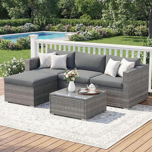 Wisteria Lane Outdoor Patio Furniture Set, All Weather Wicker Rattan Sectional Sofa, Patio Conversation Set with Cushions & Glass Coffee Table for Backyard Porch Garden Balcony, Grey