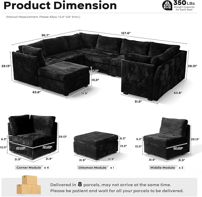 ovios Modular Sectional Sofa Couch with Sofa Bed L-Shape Chaise, Comfy Plush Corduroy Cloud Couches, Modern Luxury Deep Seat Sofas Set for Living Room, 8-Seater, Black