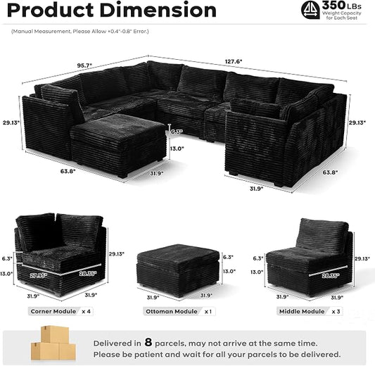 ovios Modular Sectional Sofa Couch with Sofa Bed L-Shape Chaise, Comfy Plush Corduroy Cloud Couches, Modern Luxury Deep Seat Sofas Set for Living Room, 8-Seater, Black