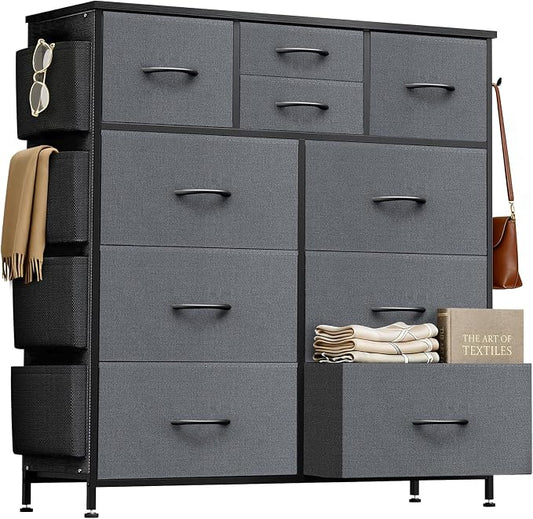 Dresser for Bedroom with Side Pockets and Hooks, 10 Drawers Storage Organizer Chest of Drawers, Sturdy Metal Frame for Living Room, Hallway, Closet, Dark Gray