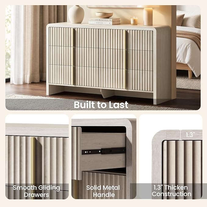 ModernMate Fluted 6 Drawer Dresser for Bedroom, 53.2" Wide Chest of Drawers, Modern Storage Cabinet with Anti-Tip Design, Wood Clothes Organizer with Metal Handles, White Alder