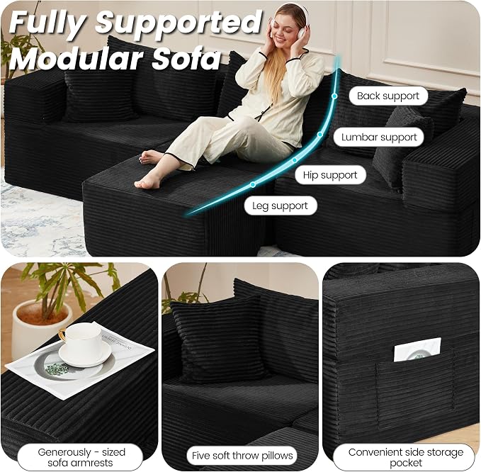 HOMREST 102" Cloud Couch Sectional, L Shaped Modern Sofa with Ottoman, Comfy Corduroy Fabric Modular Sectional Sofa in a Box, Boneless Couches for Living Room, No Assembly Required (Black)