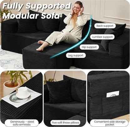 HOMREST 102" Cloud Couch Sectional, L Shaped Modern Sofa with Ottoman, Comfy Corduroy Fabric Modular Sectional Sofa in a Box, Boneless Couches for Living Room, No Assembly Required (Black)