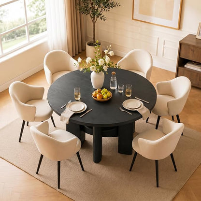 47" Round Dining Table for 4-6 People, Modern Wood Kitchen Table with Sculptural Curved Pedestal Base, 1.57" Thick Tabletop, Storage Shelf, Dining Room Table for Apartment,Black Grey