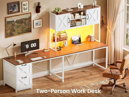 SEDETA Farmhouse L Shaped Desk with Hutch, Reversible 86.6" Computer Desk with Drawers and Power Outlet for Home Office/Two Person, Corner Desk with LED Light and Storage Shelves, White and Brown