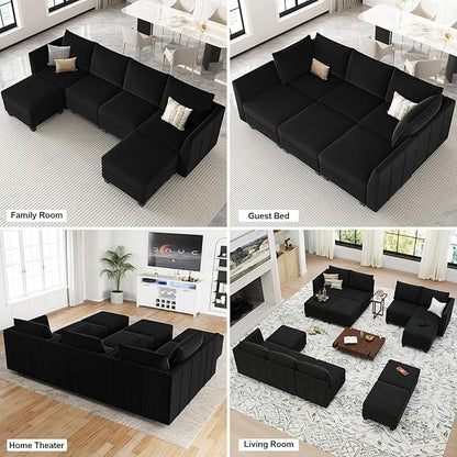 Belffin Modular Sectional Sofa U Shaped Couch with Storage Ottoman Velvet Sectional Couch for Living Room, Black