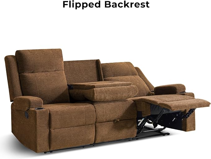GUEAPY Large Manual Reclining Sofa 3-Seater Chenille Recliner Couch with Cup Holders, Wide Seat, Easy Assembly & Spill-Resistant Fabric Cozy Reclining Sofa for Living Room, Apartment, RV, Brown