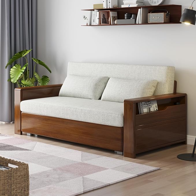 59" 3 in 1 Convertible Sleeper Sofa with Storage, Grey Soft Cushion Sectional Couch, Reversible Chaise, Walnut Wood Frame Pull-Out Bed for Living Room, Apartment, Office