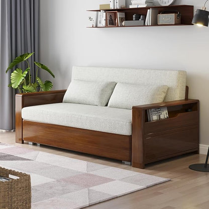 59" 3 in 1 Convertible Sleeper Sofa with Storage, Grey Soft Cushion Sectional Couch, Reversible Chaise, Walnut Wood Frame Pull-Out Bed for Living Room, Apartment, Office