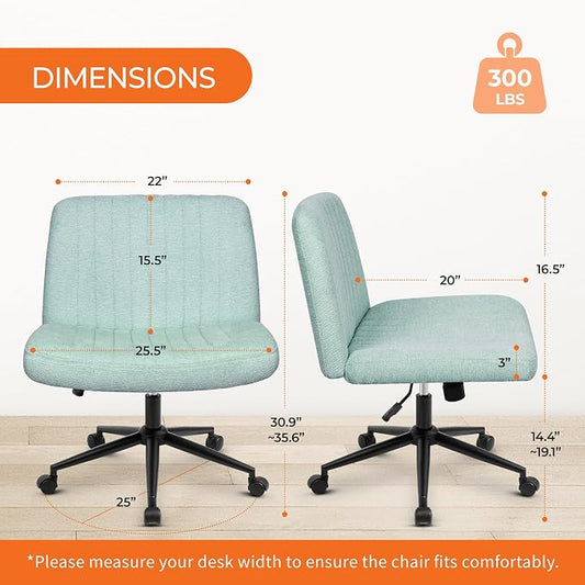 Orange Factory Criss Cross Chair Wheels Wide Cross Legged Office Desk Vanity Dual Base Comfy Fabric Armless Adjustable Swivel for Home Computer Task (Mint Dual Base, Fabric)