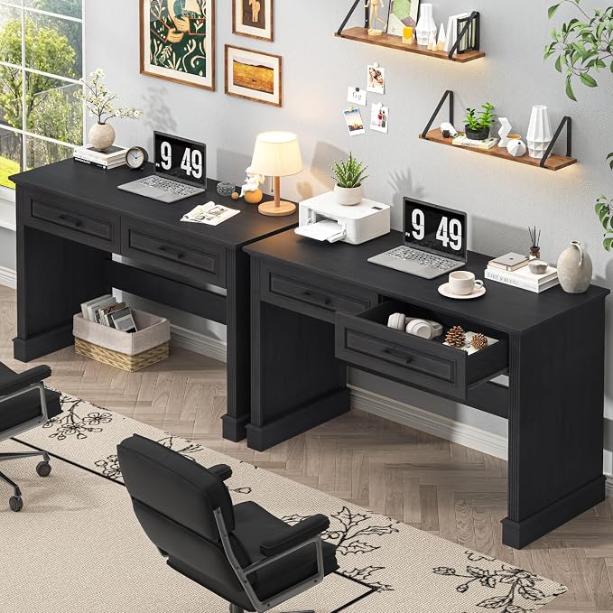 Vabches Farmhouse Executive Desk with Drawers, 48 Inch Simple Home Office Writing Desk, Computer Desk Workstation for Small Spaces, Bedroom Study Black