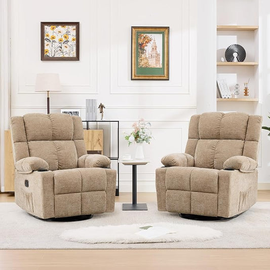 Swivel Rocker Recliner Set of 2,Rocking Recliner Chair with Adjustable Headrest for Adults,Upholstered Fabric Rocking Chair Swivel for Bedroom,Living Room,Brown
