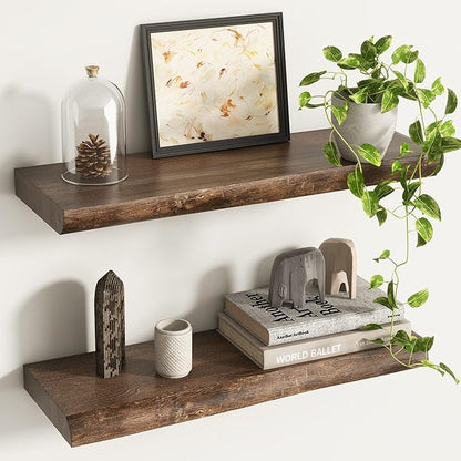 Live Edge Floating Shelves for Wall Decor, Solid Elm Wood Floating Shelves Wall Mounted, Rustic Wall Shelves with Invisible Bracket for Living Room Bathroom Bedroom Kitchen, 24 Inch Set of 2, Walnut