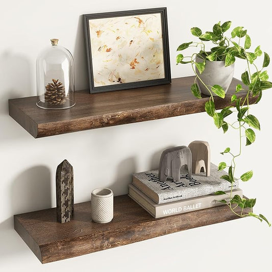 Live Edge Floating Shelves for Wall Decor, Solid Elm Wood Floating Shelves Wall Mounted, Rustic Wall Shelves with Invisible Bracket for Living Room Bathroom Bedroom Kitchen, 24 Inch Set of 2, Walnut