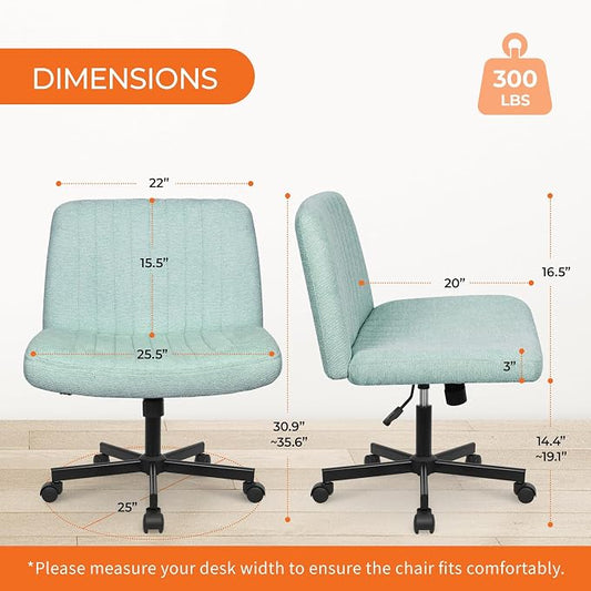 Orange Factory Criss Cross Chair Wheels Wide Cross Legged Office Desk Vanity Chair Comfy Fabric Armless Adjustable Swivel for Home Computer Task (Mint Wheel, Fabric)