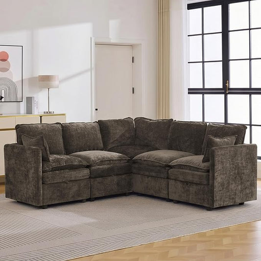 80" Brown Modular Storage Sofa, V Shaped Chenille Cloud Couch with Armrest | Oversized Convertible Sectional Sofa, 5-Seat Sectional Couch With Armrests, Large Cloud Couch For Living Room, Apartment.