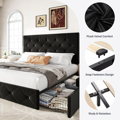 Allewie Upholstered Full Size Platform Bed Frame with 4 Storage Drawers and Adjustable Headboard, Diamond Button Tufted, Wooden Slats Support, Noise-Free, No Box Spring Needed, Easy Assembly, Black