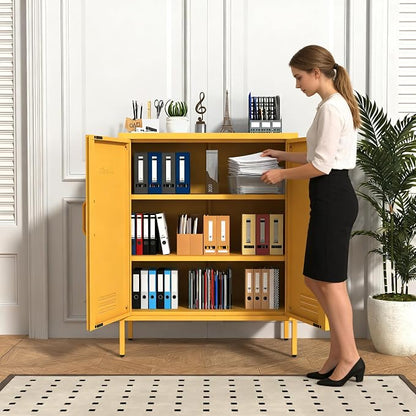 Multipurpose Accent Cabinet Locker, Metal Storage Cabinet with 2 Adjustable Shelves, Heavy Duty & Lockable Organizer Made of Thickened Steel, Easy Assembly for Home, Entryway, Yellow