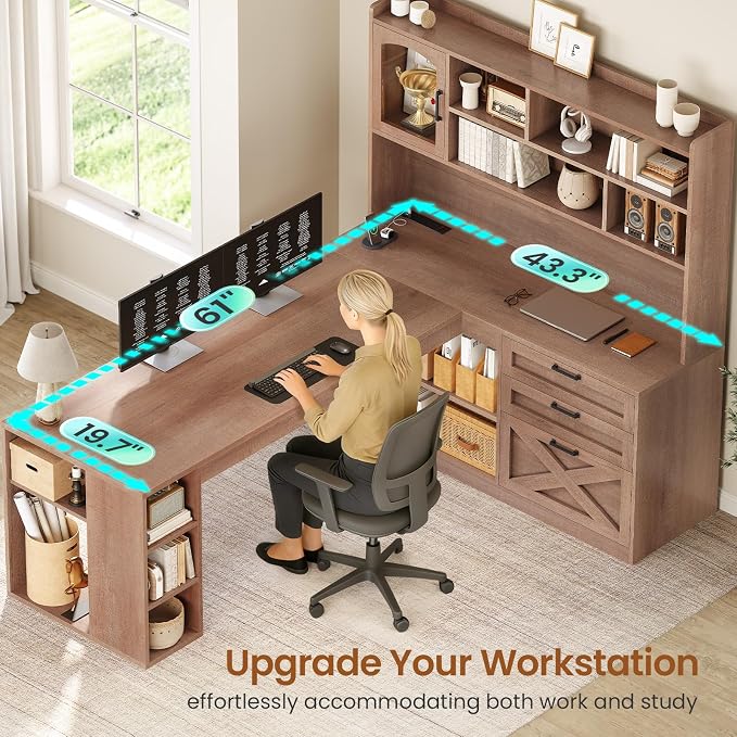 SEDETA Farmhouse L Shaped Office Desk with Drawers, 61” Computer Desk with Storage Shelves and Power Outlet, Corner Gaming Desk with LED Light and Display Cabinet for Home Office, Light Brown