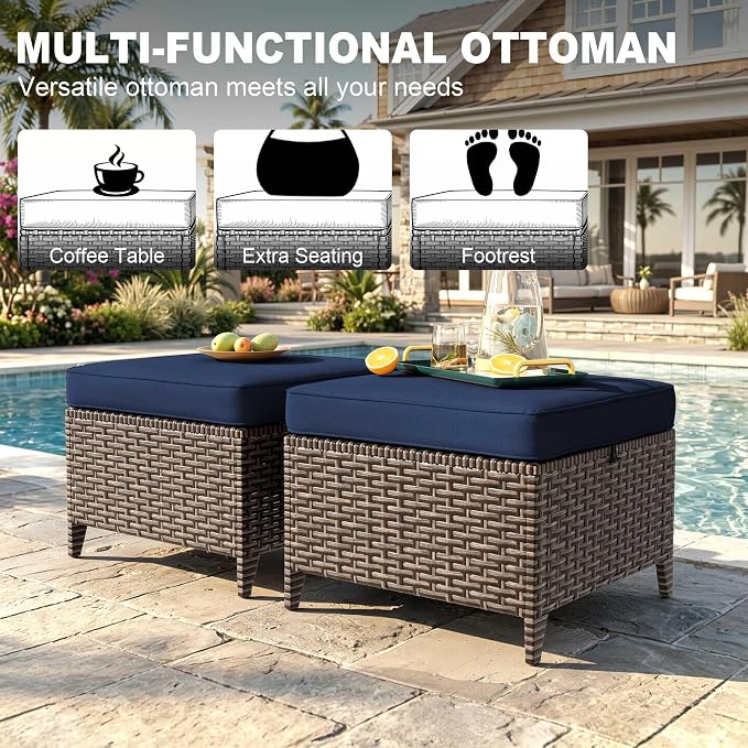 5 Pieces Patio Furniture Set, PE Wicker 75" Couch with 2 High Back Chairs & 2 Ottomans, All-Weather Rattan Furniture with Waterproof Cushions for Deck, Garden, Porch