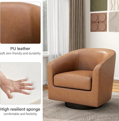 Swivel Barrel Accent Chair, Modern Round Faux Leather Arm Chair for Living Room, Bedroom, Comfy Club Reading Chairs for Adults(Faux Leather, Brown, Set of 1)