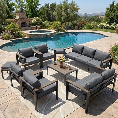 Patio Furniture Set 11 Seats and Coffee Table, 9 Pieces Patio Conversation Set with Thick Cushion, Ottomans, Deluxe Aluminum Modern Outside Sectional for Porch, Balcony, Deck, Yard, Dark Gray